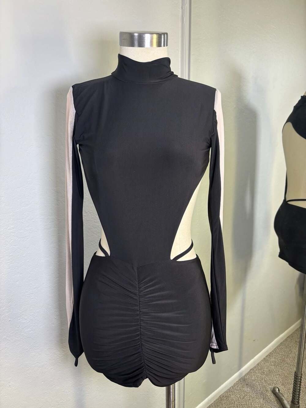 EGO Long Sleeve High Neck Cut Out Mesh Panel Bodycon Mini Dress Black